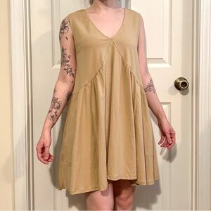 Khaki Loose Fitting Sleeveless V Neck Mini Dress with Pockets